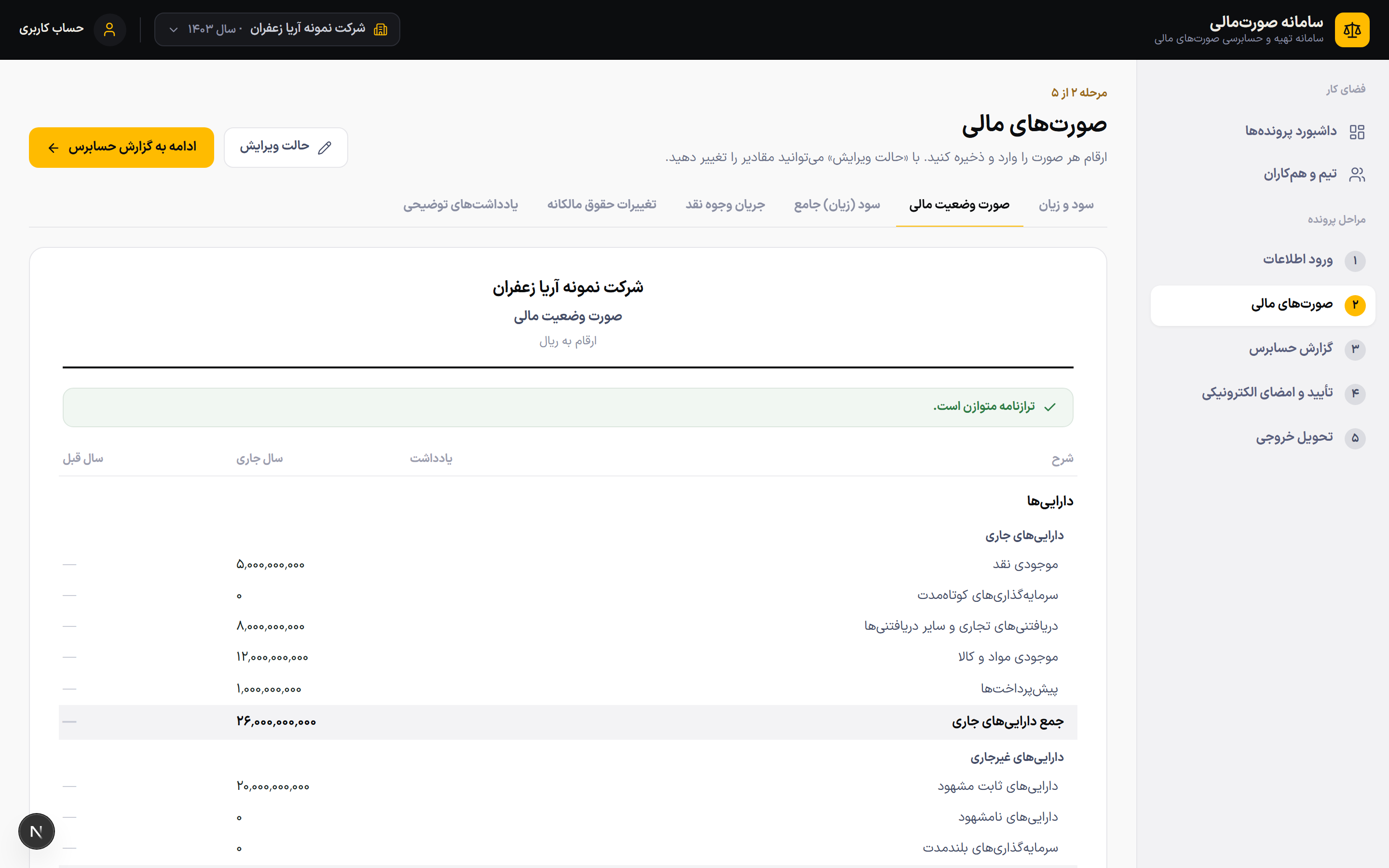 نمای محیط سامانه صورتهای مالی راوی حساب